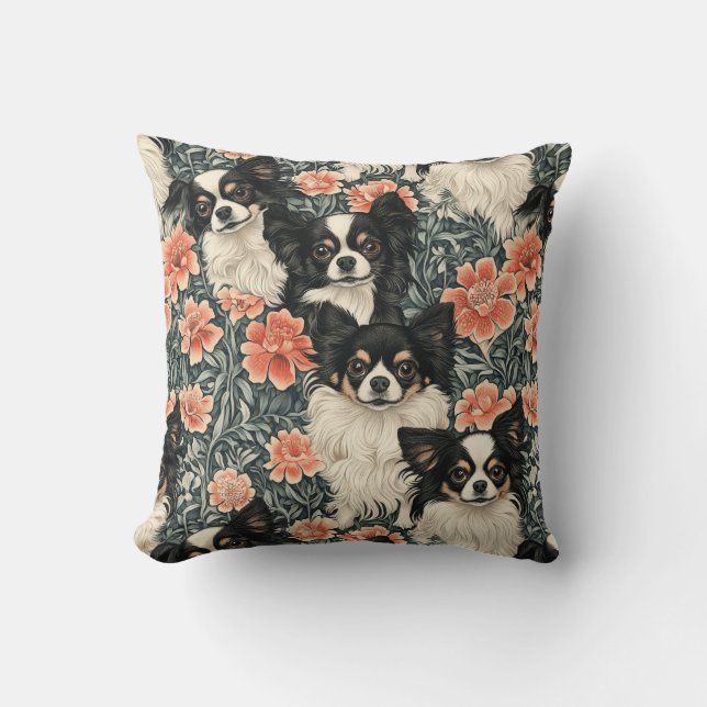 Coussin Tricolor Chihuahuas William Morris Style Floral (Recto)