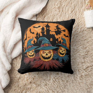 Coussin Trio d'épouvantail d'Halloween dans un contexte éf