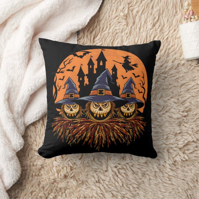 Coussin Trio d'épouvantail d'Halloween éffrayant au crépus (Couverture)