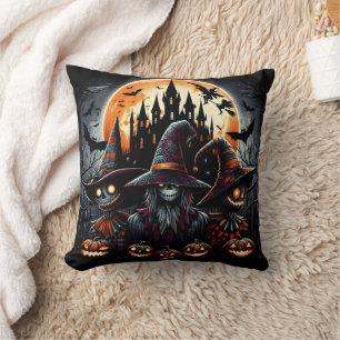 Coussin Trio d'épouvantail d'Halloween sous pleine lune