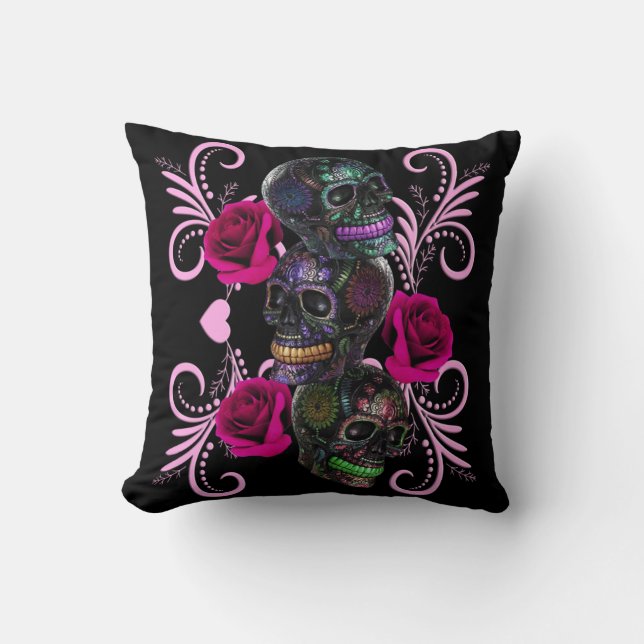 Coussin Triple Black Jour des Morts Crânes Roses Roses (Recto)