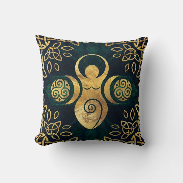 Coussin Triple déesse avec triskele - or et vert (Recto)