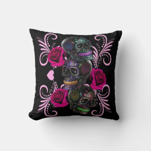 Coussin Triple Jour Noir Des Crânes Morts Roses Rose