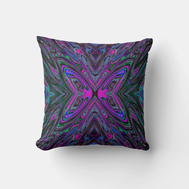 Coussin Trippy Magenta, Bleu et Vert Papillon Abstrait (Recto)