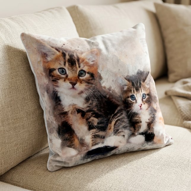 Coussin Trois belles chatons mignonnes aquarelle (Three beautiful and cute kittens watercolor. throw pillow)