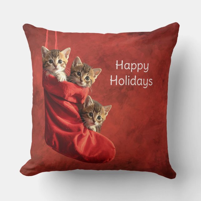 Coussin Trois chatons dans une chaussette de Noël (Recto)