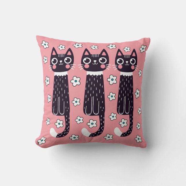 Coussin Trois chats noirs, fleurs de marguerite sur fond r (Recto)