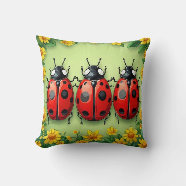 Coussin Trois coccinelles adorables entourées de fleurs (Recto)
