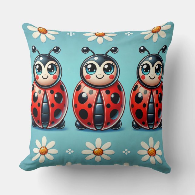 Coussin Trois coccinelles colorées sur fond bleu (Recto)