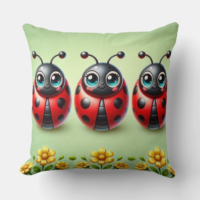 Coussin Trois coccinelles colorées sur fond vert (Recto)