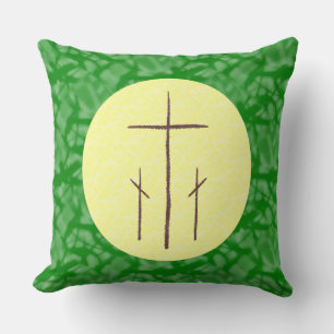 Coussin Trois croix Calvaire sur jaune sur fond fractal ve