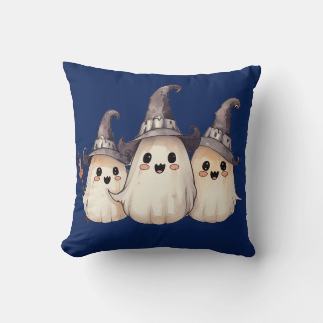 Coussin Trois fantômes super mignons Halloween bleu foncé (Recto)