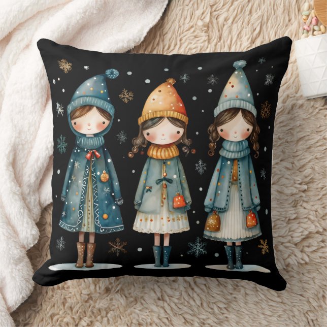 Coussin Trois filles confortables dans l'oreiller de neige (Couverture)