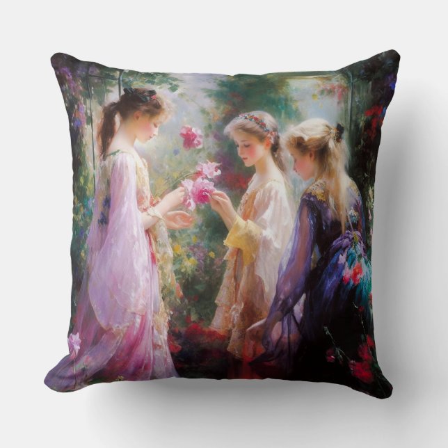 Coussin Trois filles jouant dans un jardin (Recto)
