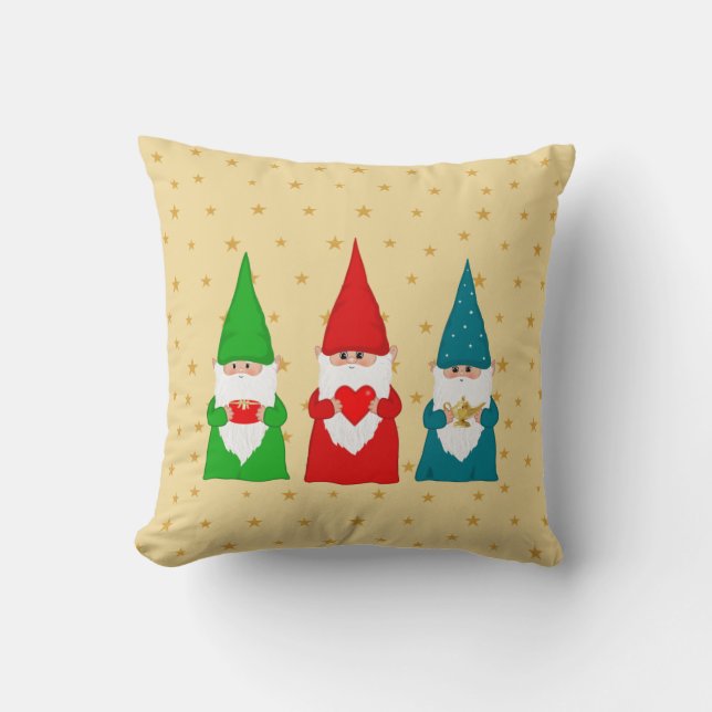 Coussin Trois Gnomes et étoiles de Noël lancent l'oreiller (Recto)