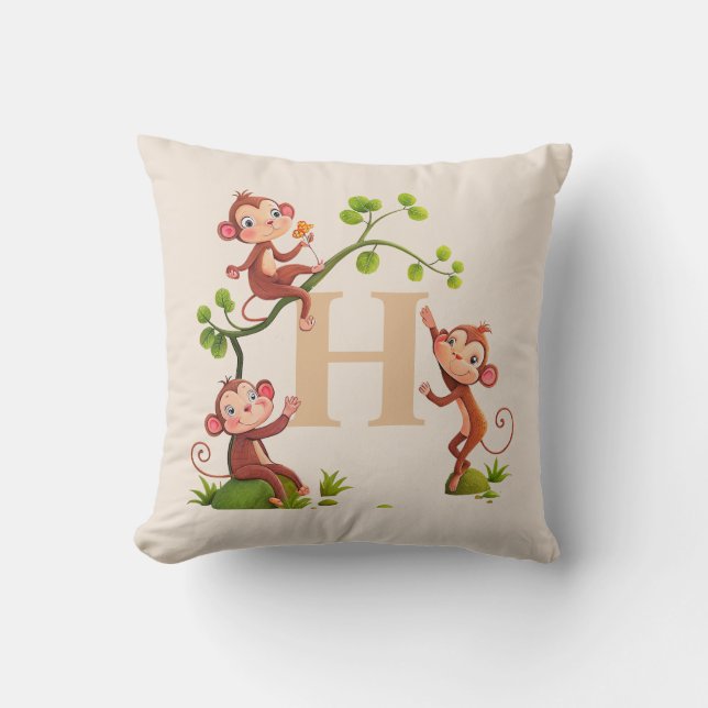 Coussin Trois jolis singes et monogramme doré sur beige (Recto)