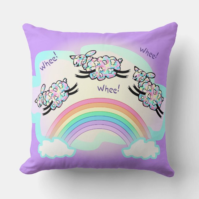 Coussin Trois moutons à roues sautant un arc-en-ciel Art d (Recto)