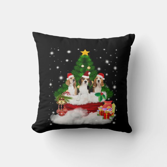 Coussin Trois Père Noël Beagle Avec Arbre De Noël (Recto)