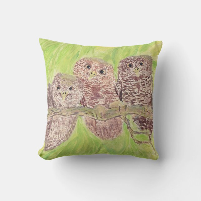 Coussin Trois Petites Chouettes - peinture acrylique. (Recto)