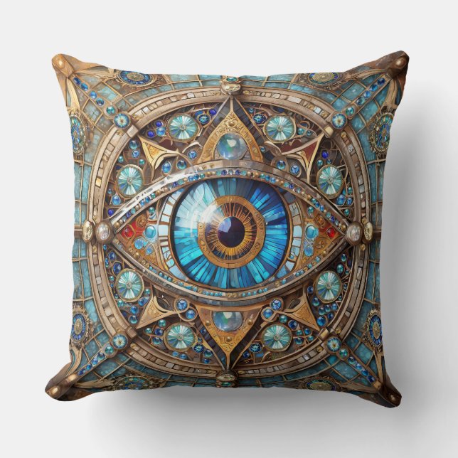 Coussin Troisième Œil - Mandala Bleu Turquoise Or (Recto)