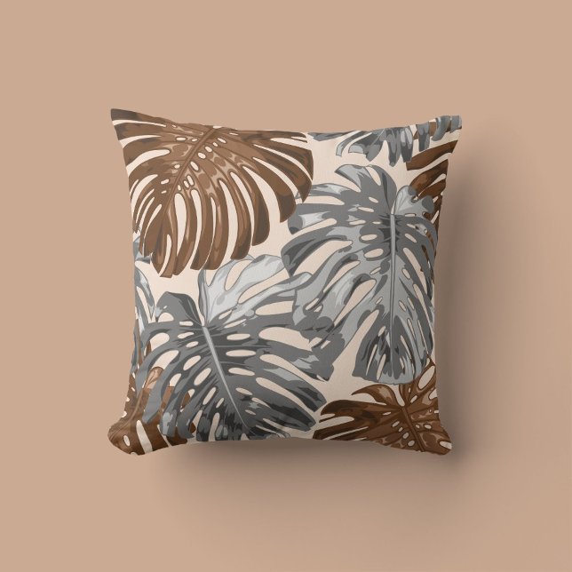 Coussin Tropical Beach Brown Grey Jungle Feuilles Boho (Créateur téléchargé)