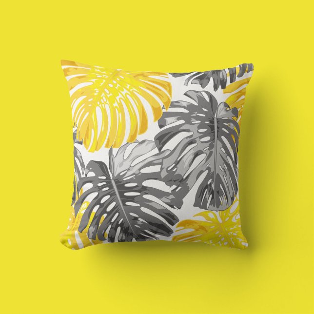 Coussin Tropical Beach Jaune Grey Moderne Jungle Feuilles (Créateur téléchargé)