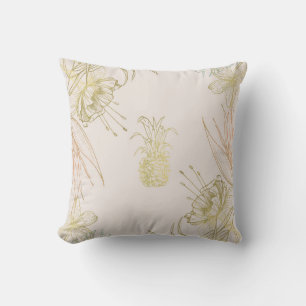 Coussin Tropical Botanique Floral Ananas Doré Rosé