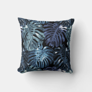 Coussin Tropical Dark Blue Monstera Feuilles de la jungle