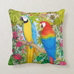Coussin tropical de perroquets d'ara d'aquarelle