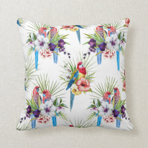 Coussin tropical d'oiseaux (blanc)