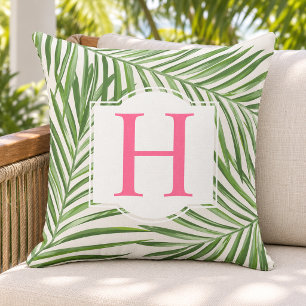 Coussin Tropical Feuille de Palmier Vert Monogramme Initia