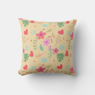 Coussin Tropical Floral Fantaisiste et Cœurs Aquarelle T