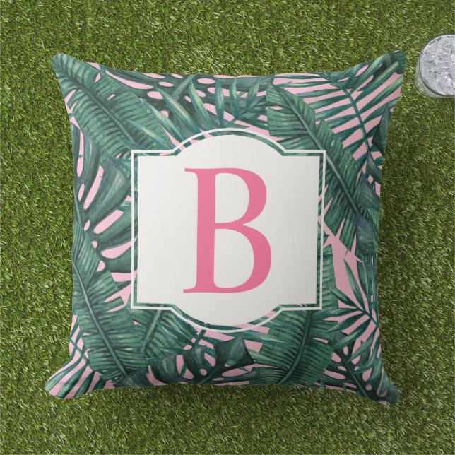 Coussin Tropical Foncé Feuille de Palmier Monogramme Initi (Herbe)