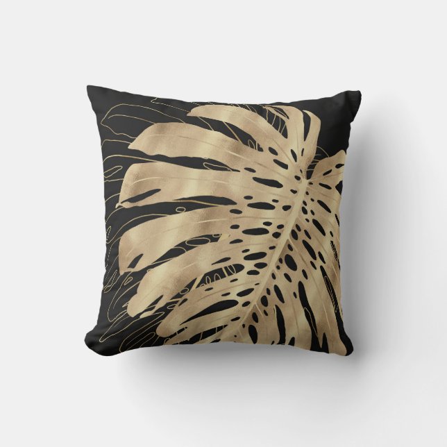 Coussin Tropical Gold Monstera Leaf Black Design (Recto)