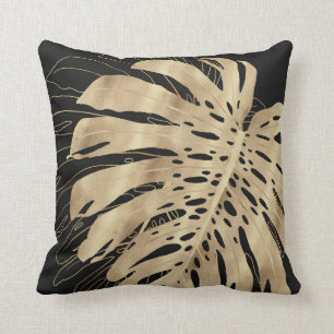 Coussin Tropical Gold Monstera Leaf Black Design