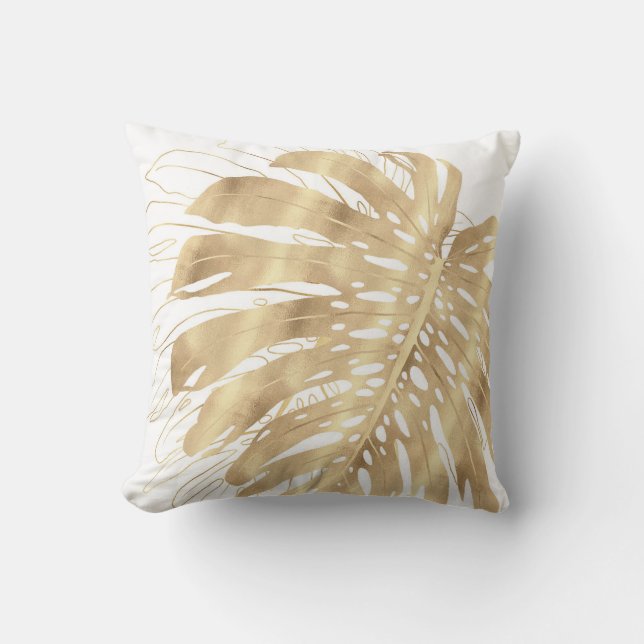 Coussin Tropical Gold Monstera Leaf White Design (Recto)