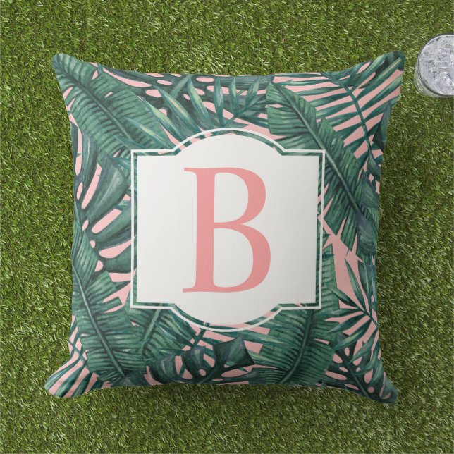 Coussin Tropical Green Palm Feuille Coral Monogramme (Herbe)