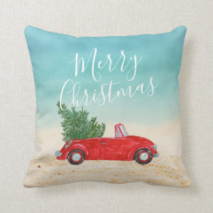 Coussin Tropical Holiday Vintage Red Car sapin de Noël
