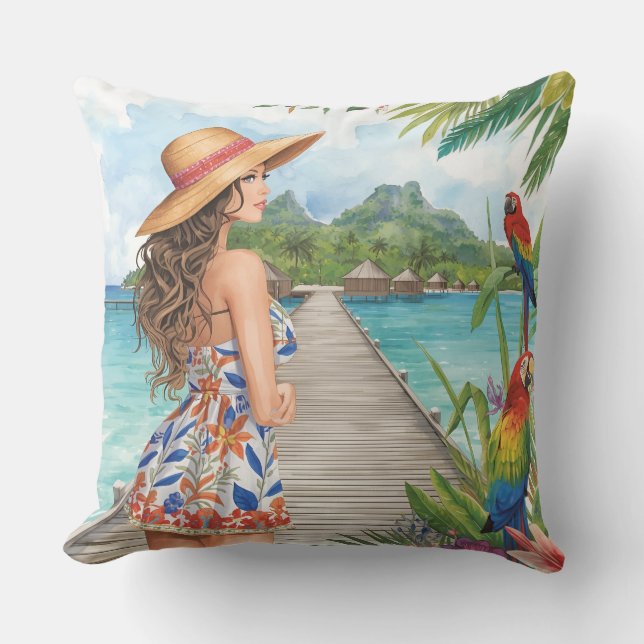 Coussin Tropical Island   Beach and Lovely Women (Recto)