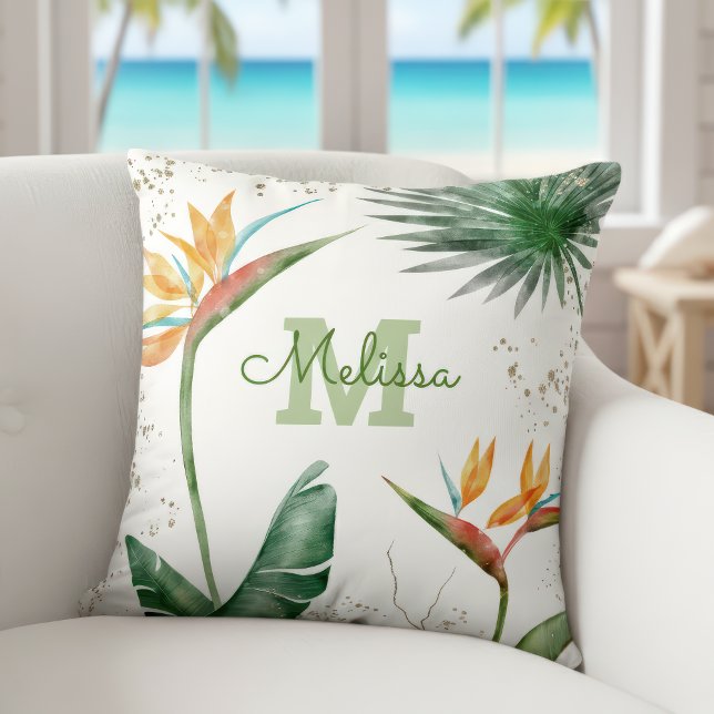 Coussin Tropical Island Floral Monogram Gold White Script (Créateur téléchargé)