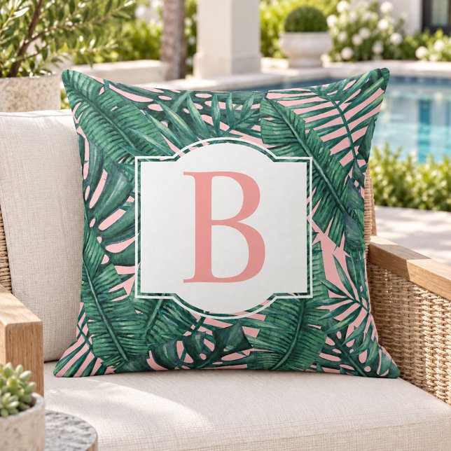Coussin Tropical Monogramme Initiale Rouge Feuille de Palm (Créateur téléchargé)