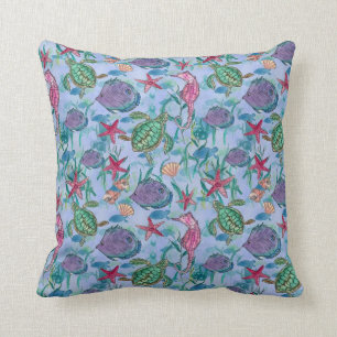 Coussin Tropical Ocean Fish Seahorse Sea Turtle Watercolor