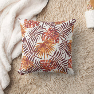 Coussin Tropical Orange Brown Palm Feuille Aquarelle Art