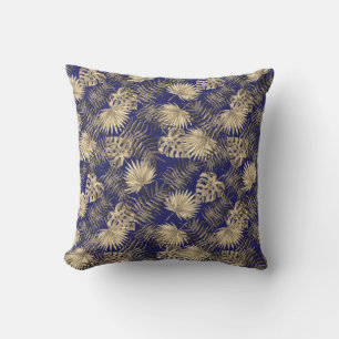 Coussin Tropical Palm Tree Feuille Motif Bleu foncé Or