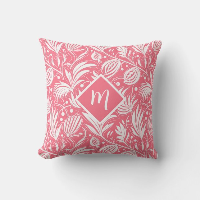 Coussin Tropical Pink Floral Pattern Diamond Monogram (Recto)