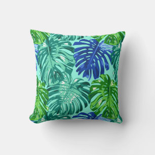 Coussin Tropical Vert Bleu Cyan Monstera Jungle Feuilles
