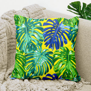 Coussin Tropical Vert Bleu Jaune Monstera Jungle Feuilles