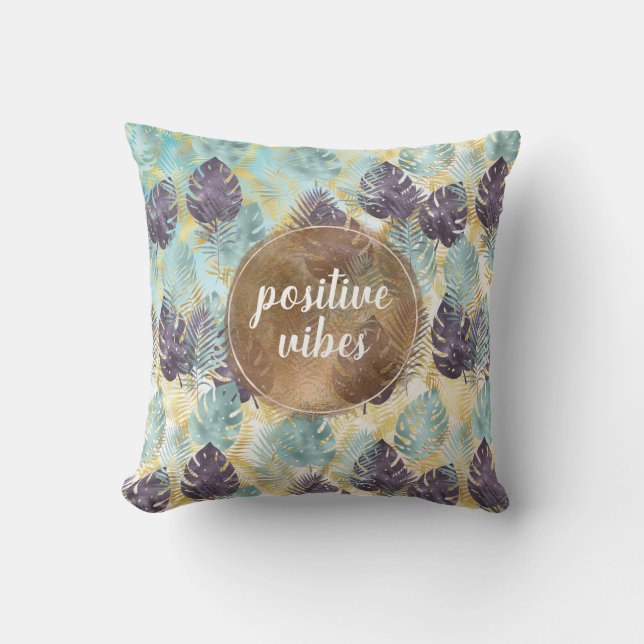 Coussin Tropical Violet Vert Or Feuilles Vibrations Positi (Recto)