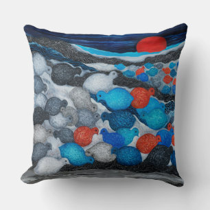 Coussin Troupeau d'oiseaux colorés sous la lune rouge Art