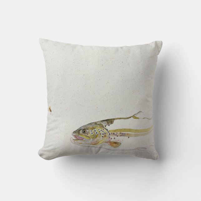 Coussin Truite chassant la mouche d'un pêcheur (Recto)